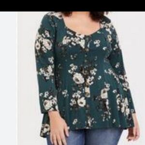Women's Holiday Party Blouse Top Green Floral Businesscasual Fashion Plus Size